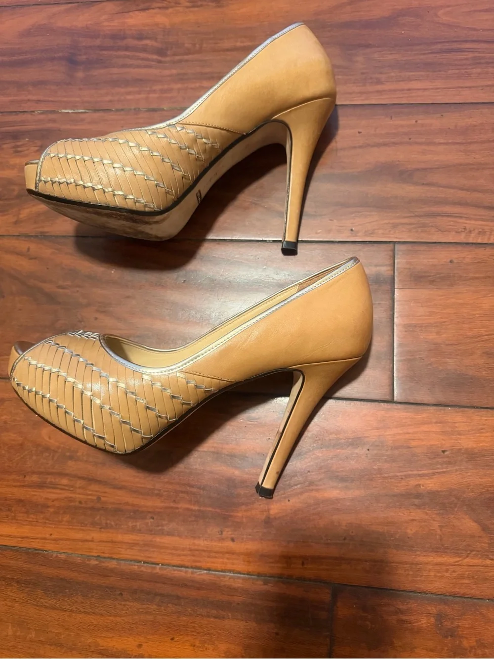 Cole Haan Woven Tan Peep-Toe High Heels - Picture 6 of 10